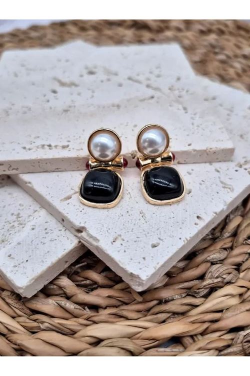 Siyah Beyaz Vintage Kadın Küpe