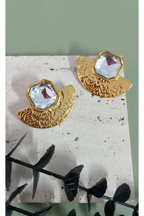 Paslanmaz Çelik Gold Beyaz Taşlı Şık Küpe