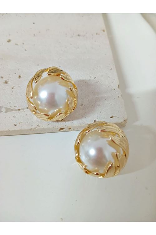 Beyaz İnci Gold Çok Şık Kadın Küpe