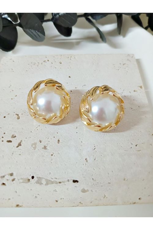 Beyaz İnci Gold Çok Şık Kadın Küpe