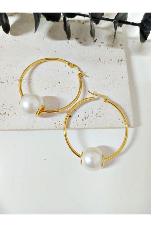 Paslanmaz Çelik İncili Gold Halka Kadın Küpe