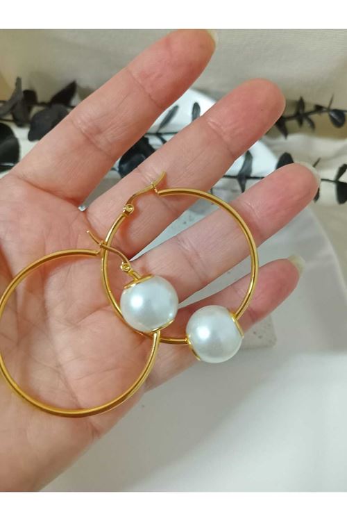Paslanmaz Çelik İncili Gold Halka Kadın Küpe