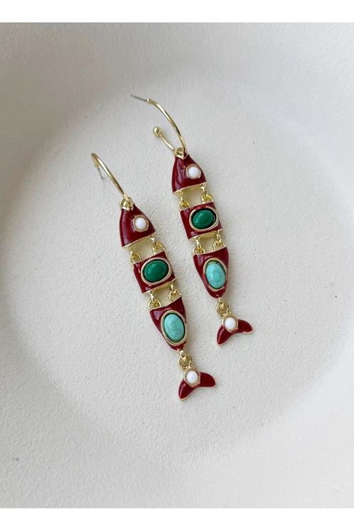 Çelik Balık Küpe, Boncuklu Bordo Elegant Küpe