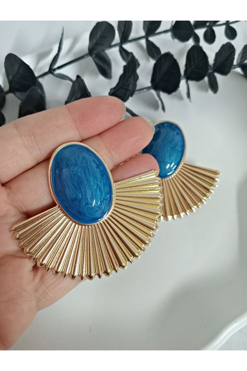 Lacivert Gold Yelpaze Büyük Hafif Kadın Küpe