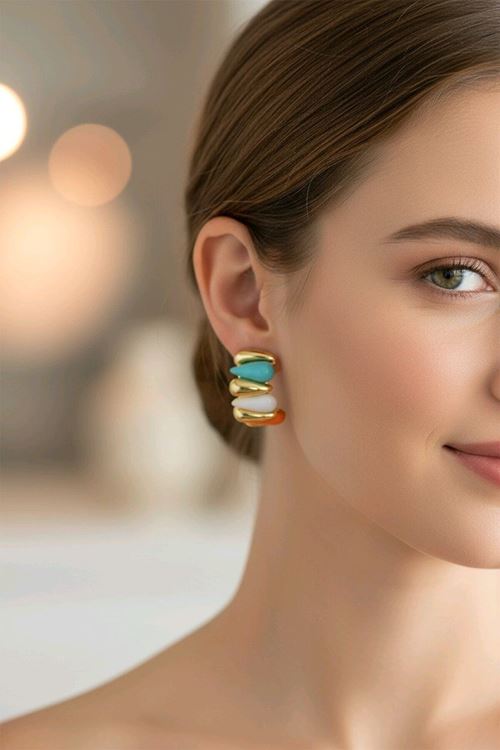 Çelik Gold Turuncu Beyaz Mavi Mix Şık Küpe