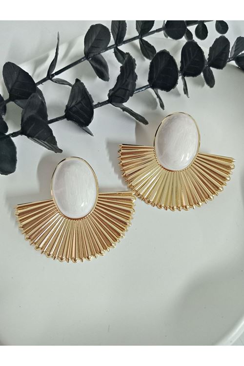 Beyaz Gold Yelpaze Büyük Hafif Kadın Küpe