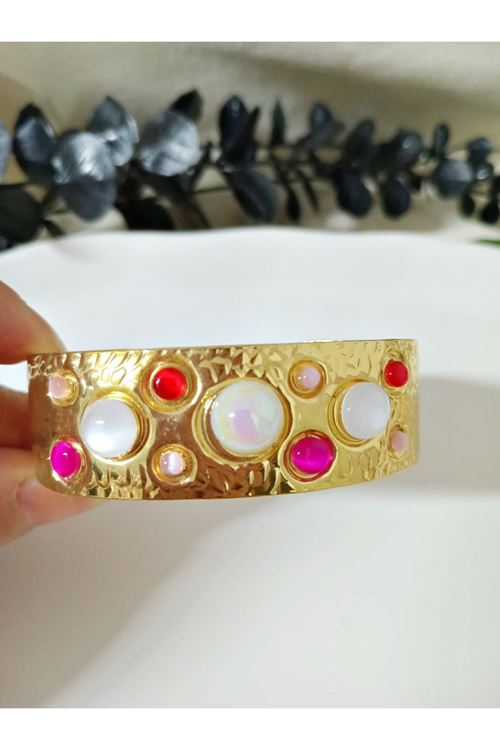 Gold Pembe Beyaz Boncuklu Kelepçe Bilezik