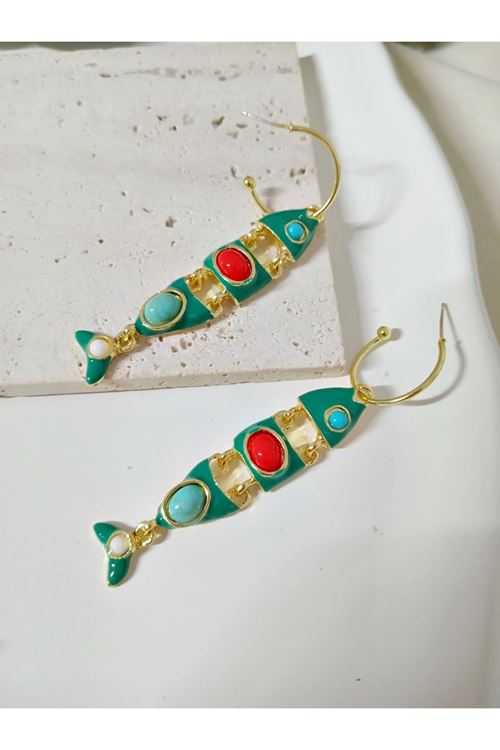 Çelik Balık Küpe, Boncuklu Yeşil Elegant Küpe