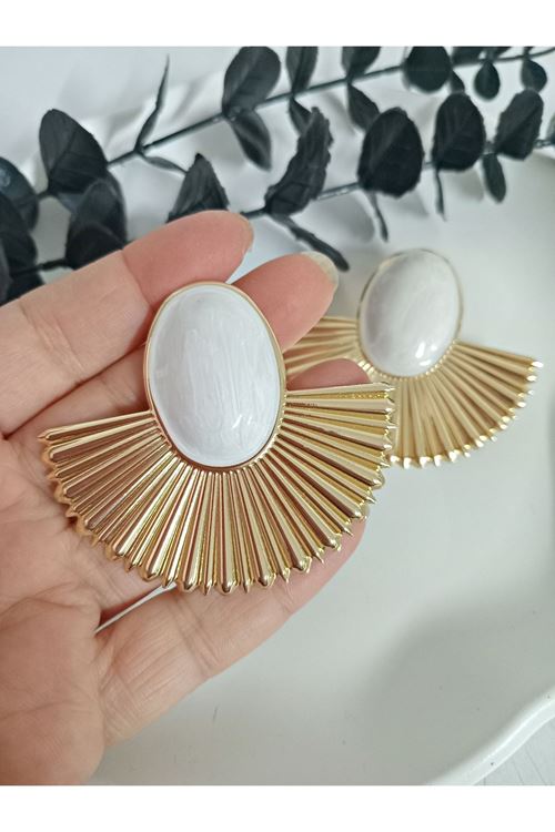 Beyaz Gold Yelpaze Büyük Hafif Kadın Küpe