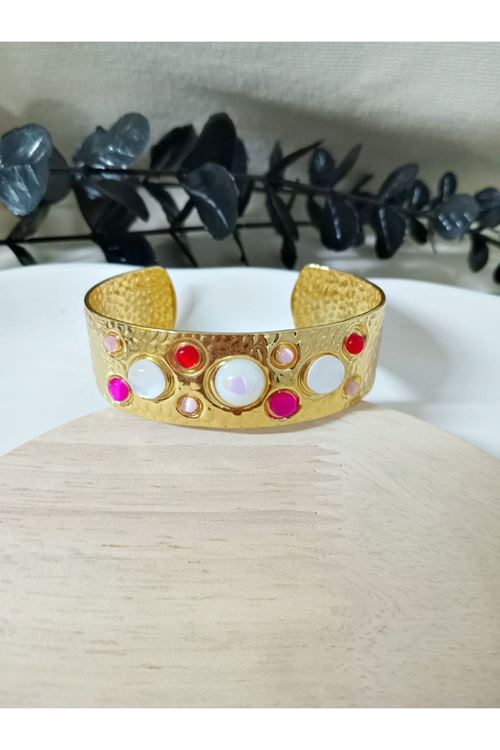 Gold Pembe Beyaz Boncuklu Kelepçe Bilezik