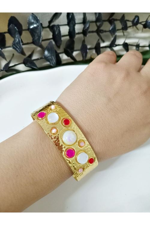 Gold Pembe Beyaz Boncuklu Kelepçe Bilezik