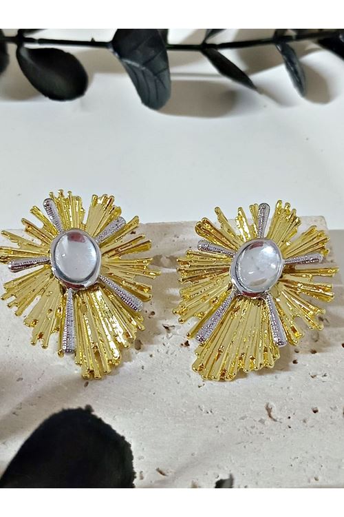 Çelik Gold Beyaz Taşlı Şık Küpe