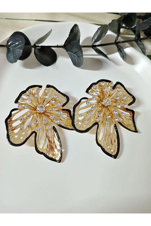 Gold Taşlı Siyah Çizgili Şık Kadın Küpe