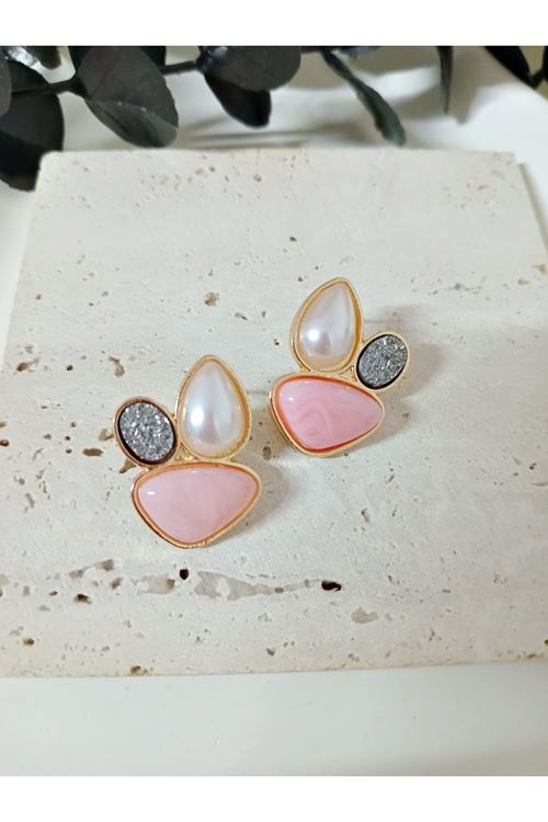 Gold Pembe Renkli İncili Zarif Kadın Küpe