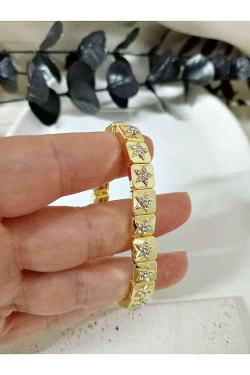 Gold Yıldız Taşlı Lastikli Elegant Bilezik, Bileklik