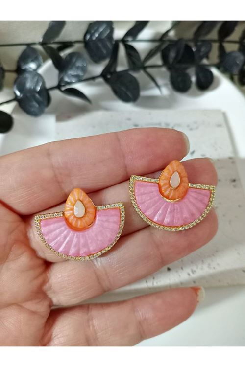 Çelik Pembe Küçük Yelpaze Elegant Küpe