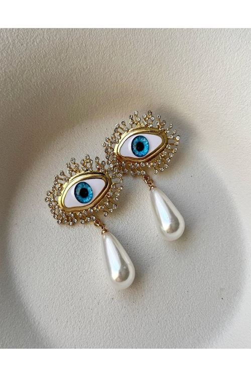 Taşlı Mavi Göz İncili Pinterest Kadın Küpe