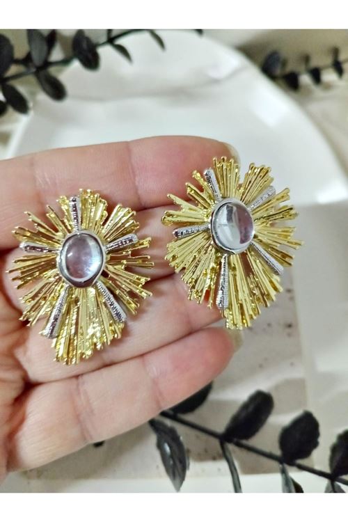 Çelik Gold Beyaz Taşlı Şık Küpe