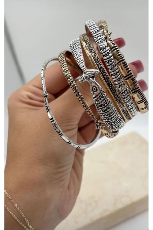 6 Adet , Gold-gümüş Çoklu Balık Bilezik, Çap:6,4cm