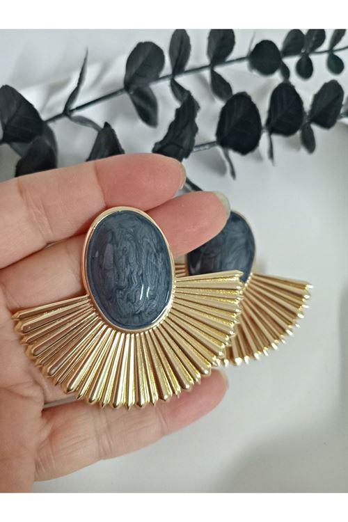 Siyah Gold Yelpaze Büyük Hafif Kadın Küpe
