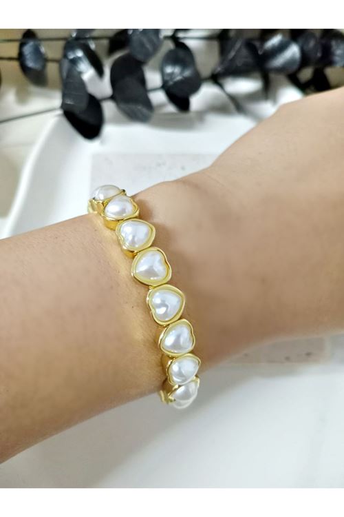 Gold Beyaz Kalp İncili Lastikli Elegant Bilezik, Bileklik