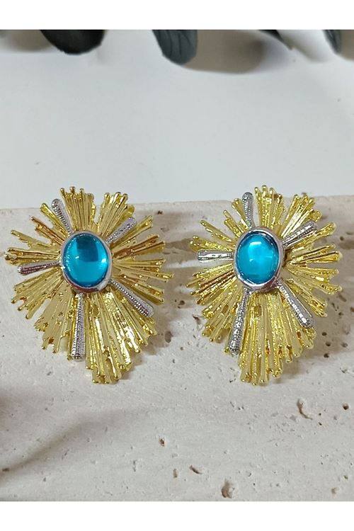 Çelik Gold Mavi Taşlı Şık Küpe