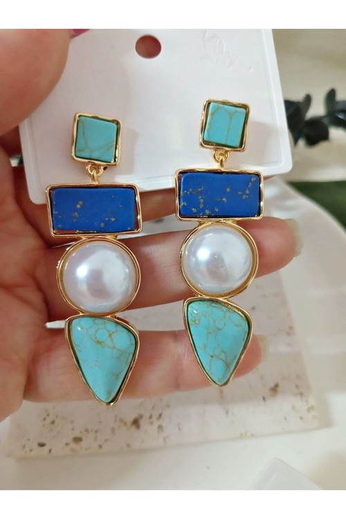 Gold İncili Mavi Şık Kadın Küpe