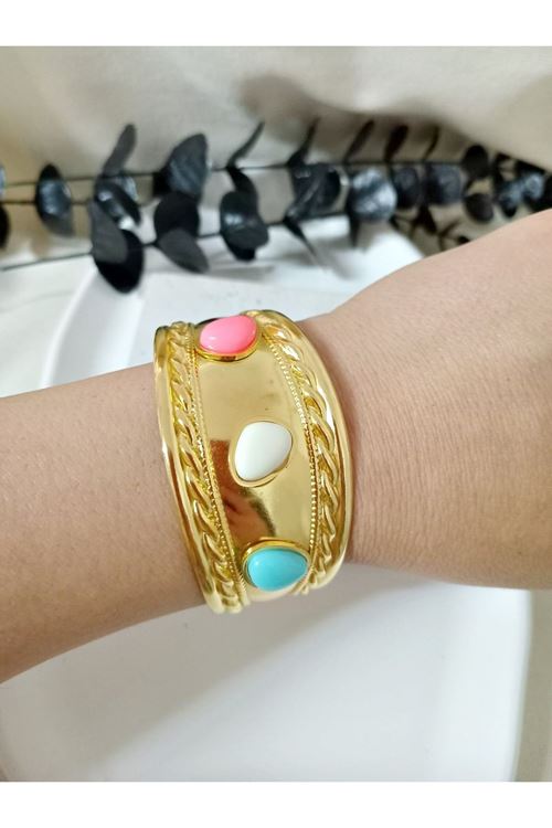 Gold Mavi Beyaz Pembe Boncuklu Kelepçe Bilezik