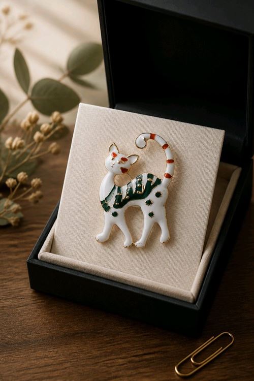 Beyaz Yeşilli Kedi Broş, Uzunluk:4cm Genişlik: 3,5cm