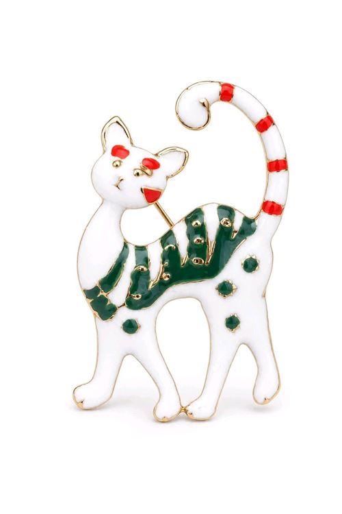 Beyaz Yeşilli Kedi Broş, Uzunluk:4cm Genişlik: 3,5cm