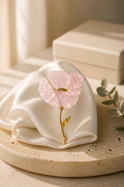 Pembe Gold Çiçek Broş, Yaka Broşu, Çanta Broşu