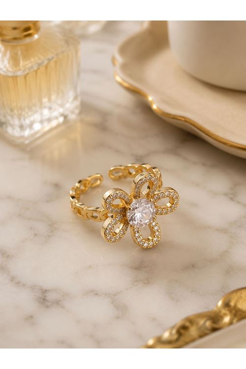 Çelik Gold Taşlı Çiçek Yüzük, Ayarlanabilir