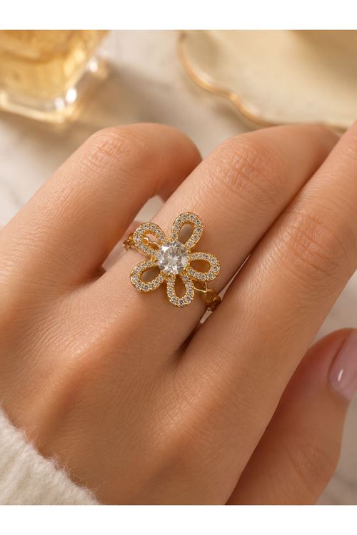 Çelik Gold Taşlı Çiçek Yüzük, Ayarlanabilir