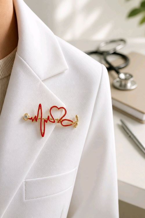 Kırmızı Steteskop Doktor Broş, Yaka Broşu, Çanta Broşu