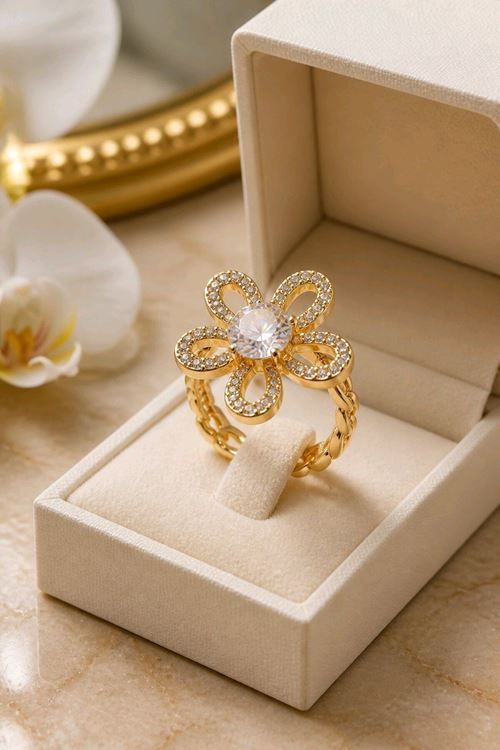 Çelik Gold Taşlı Çiçek Yüzük, Ayarlanabilir