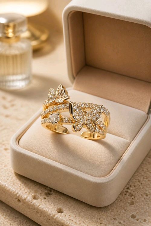 Çelik Gold Taşlı Kelebekler Yüzük, Ayarlanabilir