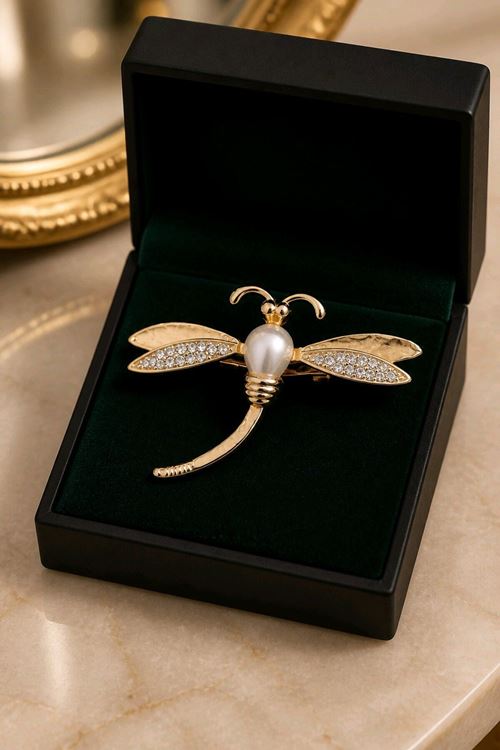 İncili Sarı Yusufçuk Broş, Yaka Broşu, Uzunluk: 4cm Genişlik: 6cm