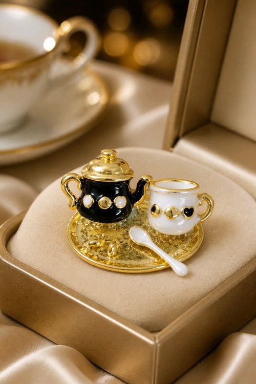 Siyah Gold Fincan Demlik Broş, Yaka Broşu, Çanta Broşu