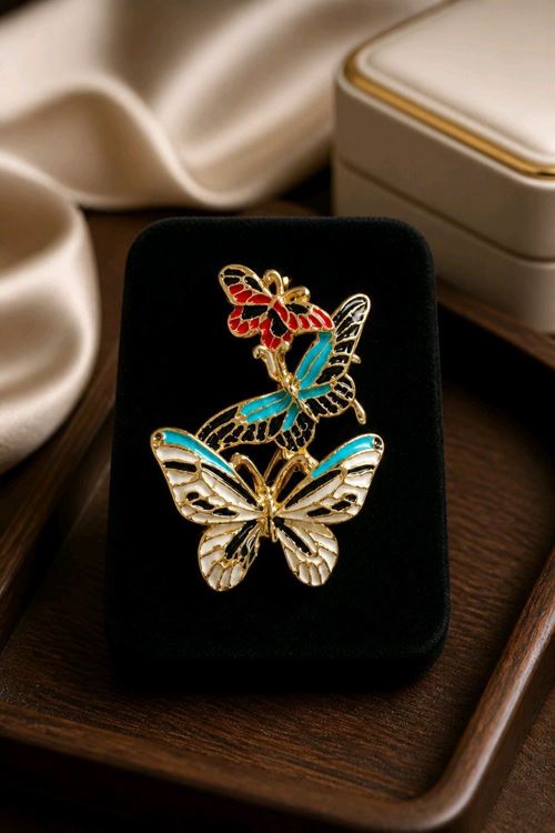 Mavi Gold Kelebekler Broş, Yaka Broşu, Çanta Broşu
