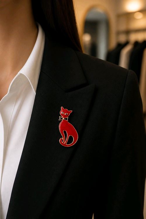 Papyonlu Kırmızı Kedi Broş, Yaka Broşu, Çanta Broşu