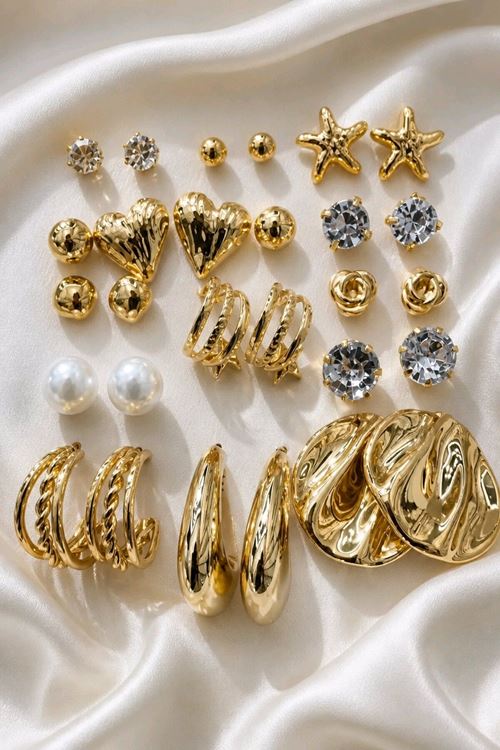 Gold 15 Çift 30 Adet Küçük Kombin Küpe Seti