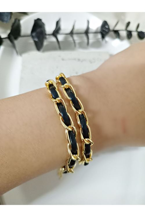Çelik Siyah Derili Dolamalı Bileklik, Kadın Erkek, Unisex