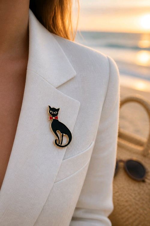 Papyonlu Siyah Kedi Broş, Yaka Broşu, Çanta Broşu
