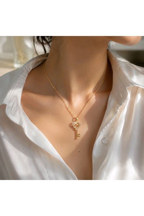 Paslanmaz Çelik Gold Küçük Kilit ve Kalp Kolye