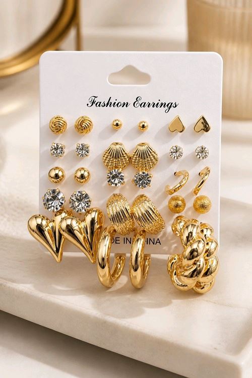 Gold 15 Çift 30 Adet Küçük Kombin Küpe Seti