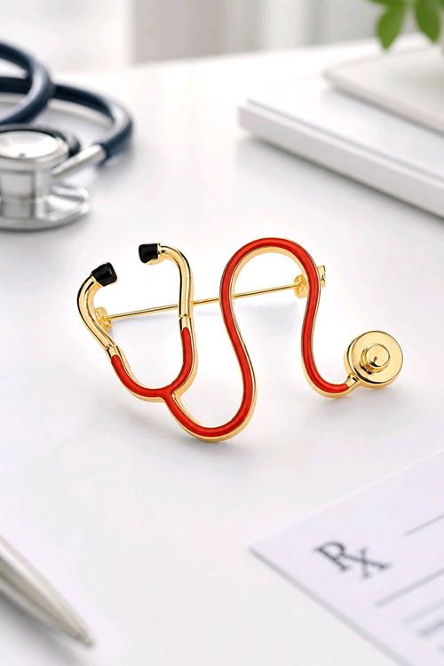 Kırmızı Steteskop Doktor Broş, Yaka Broşu, Çanta Broşu, Meslek Broş
