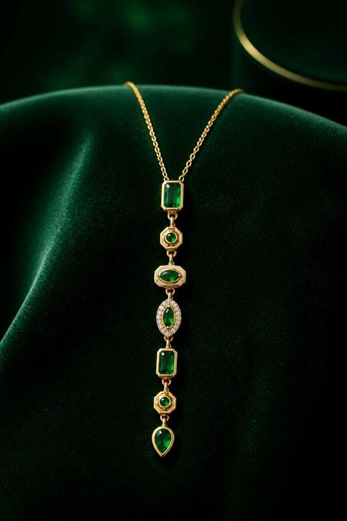 Gold Yeşil Taşlı Y Kolye