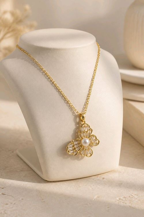 Paslanmaz Çelik Gold Baget Taşlı Kelebek Kolye