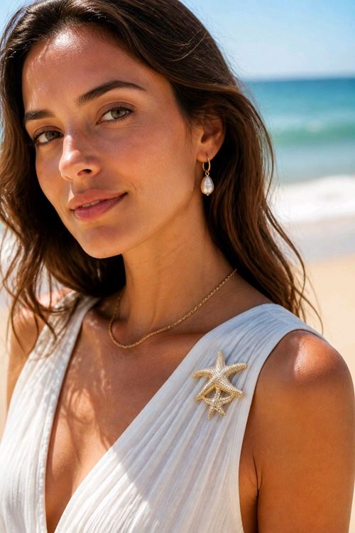 Gold Taşlı Deniz Yıldızı Broş, Yaka Broşu, Çanta Broşu