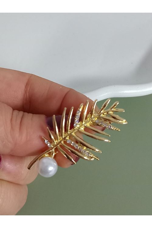 Gold İncili Yaprak Broş